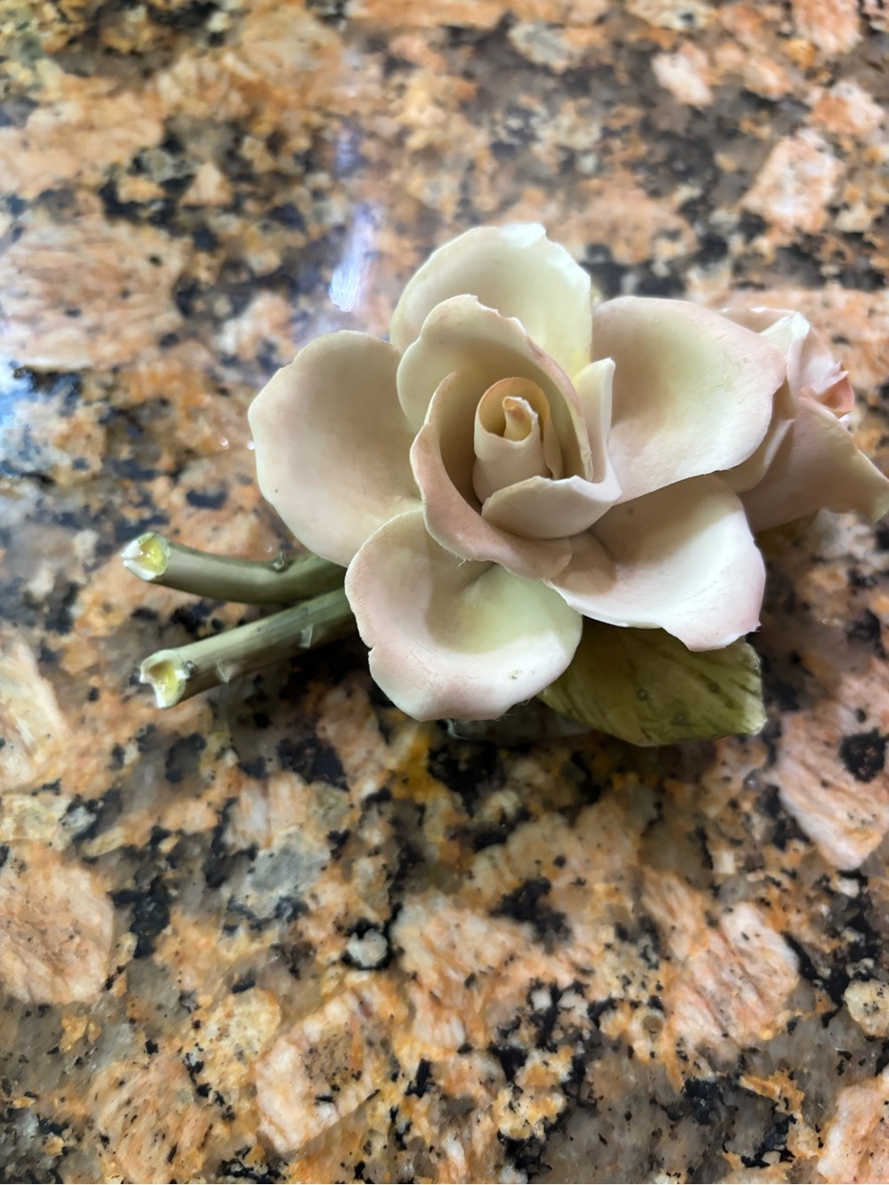 Vintage Italian Capodimonte Blush Rose w Bud & Green Stems 4” x 3”